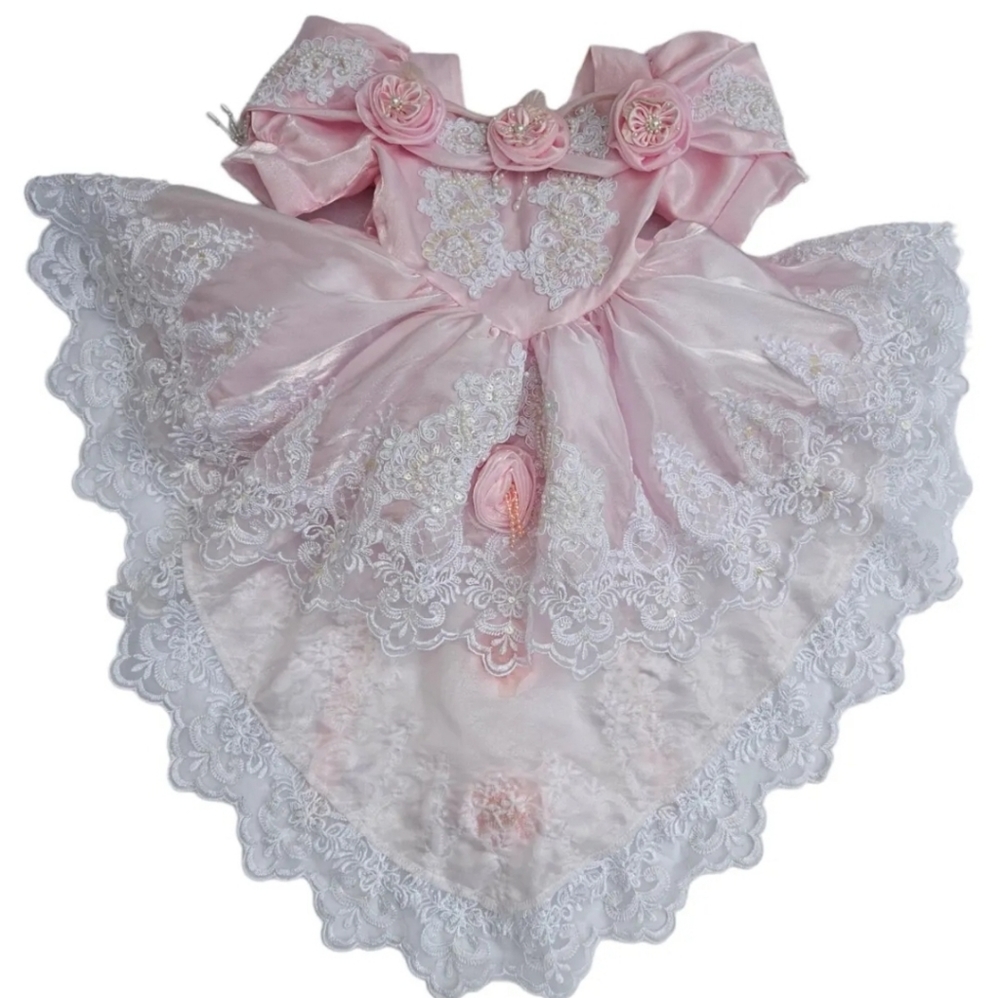 Vintage Coquette Pink Toddler Sz 1 Easter Dress Made In USA Rare Hi- Low Train